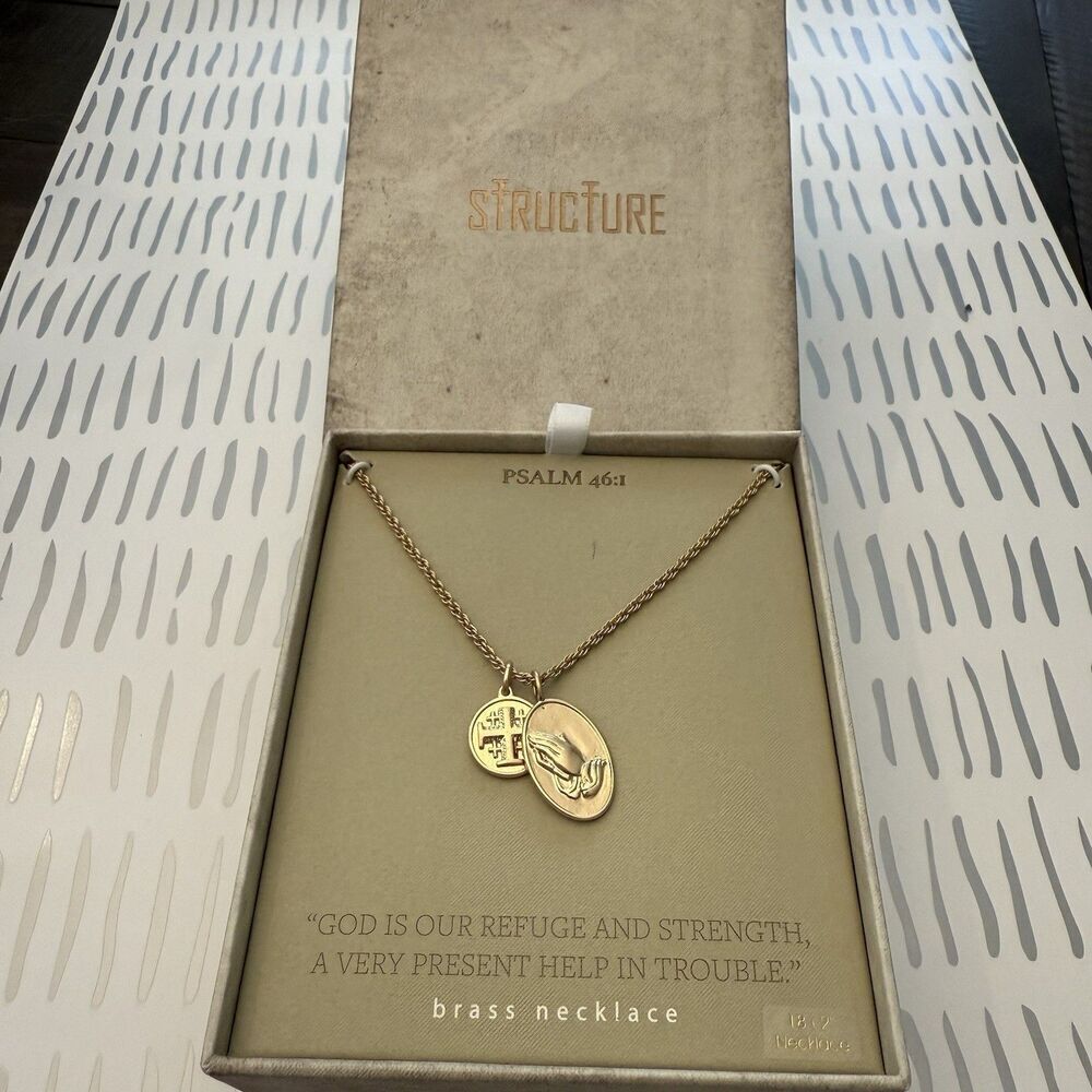 Structure Psalm 46:1 Brass 18 +2 Medal Praying Hands Necklace God Is Our Refuge